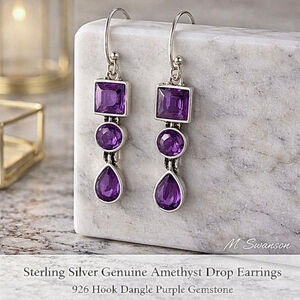 NEW 925 Silver Genuine Amethyst Drop Earrings Dangle Purple Gemstone NWT